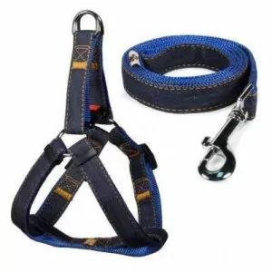 Комплект (Triol) поводок + шлейка, джинсовый, синий; 20мм*120см, 20мм*45-60см