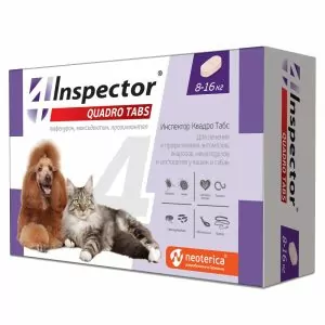 1ШТ Таблетки (Inspector) Quadro Tabs для кошек и собак 8-16кг (1таб/5недель) от блох, клещей и глист