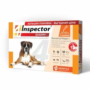 1ШТ Inspector Quadro С капли от блох, клещей и глистов для собак от 25 до 40кг
