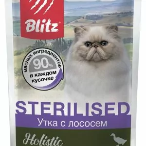 Blitz Holistic «Утка с лососем» нежные кусочки в соусе – влажный корм для стерилизованных кошек 85 гр.