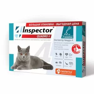 1ШТ Inspector Quadro К капли от блох, клещей и глистов для кошек от 4 до 8кг