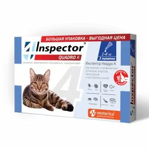 1ШТ Inspector Quadro К капли от блох, клещей и глистов для кошек от 1 до 4кг