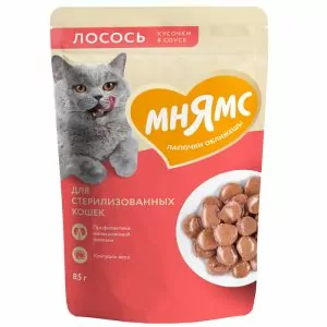 Влажный корм Мнямс Кусочки в соусе с лососем для стерилизованных кошек 85г (24)
