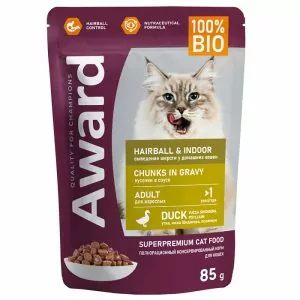 AWARD Hairball выведения шерсти у взр.домашних кошек, кусочки в соусе с уткой 85г (24)